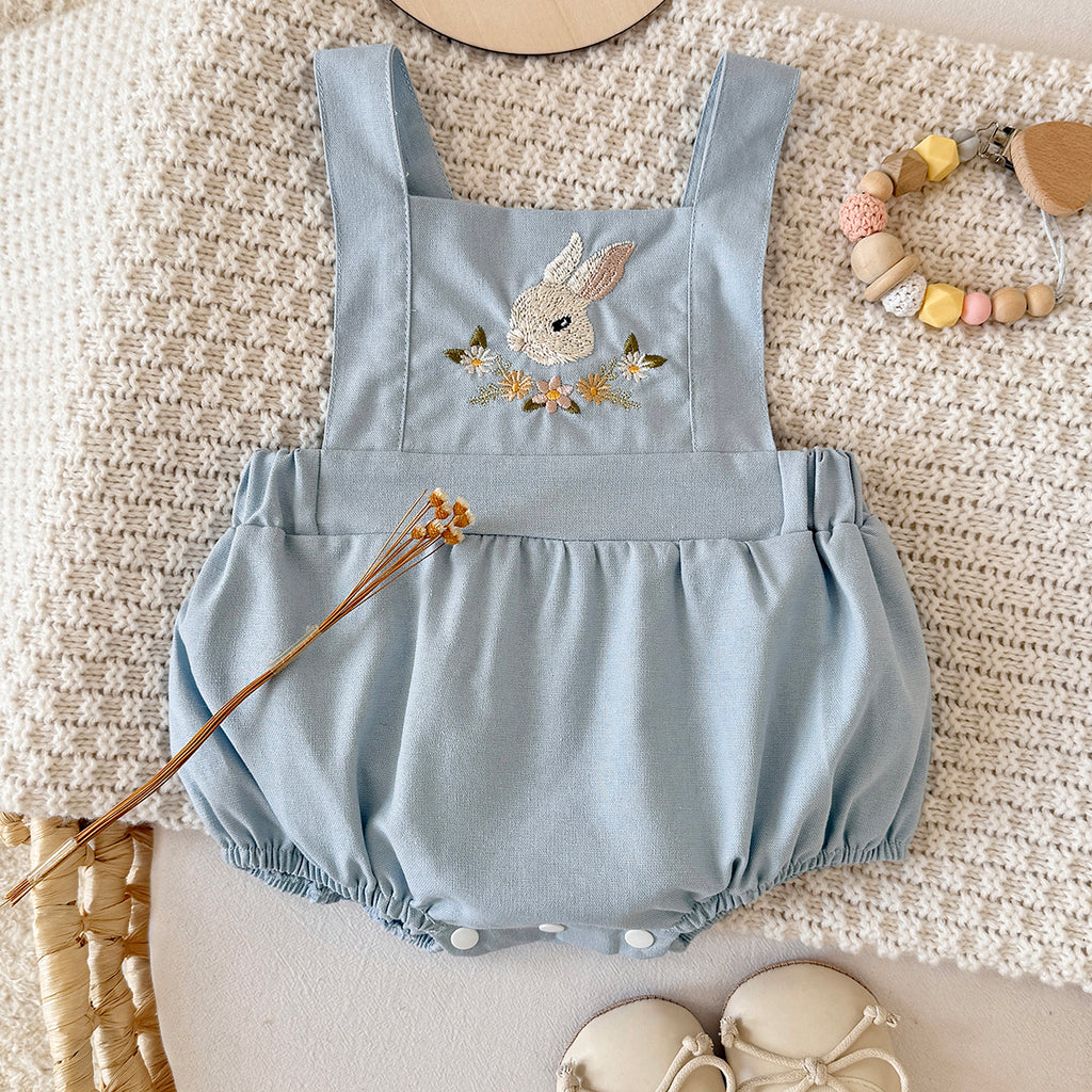 Baby Bunny Embroidery Linen Overalls Bubble Romper