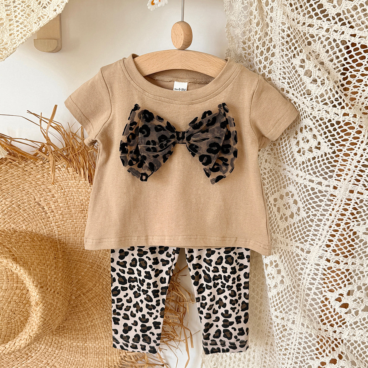 Baby Girl Leopard Bow Short Sleeve Tee & Leggings 2Pcs Outfit