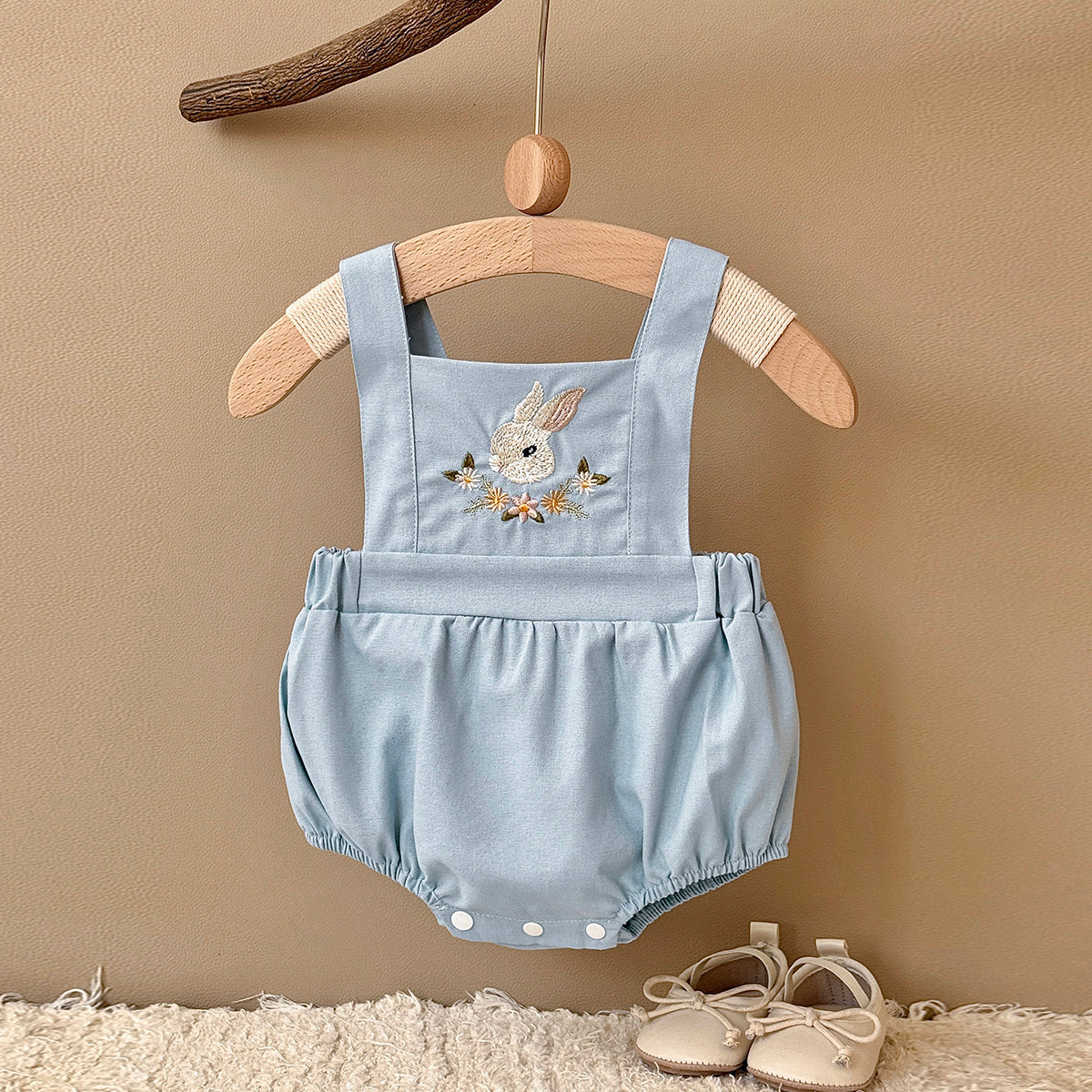 Baby Bunny Embroidery Linen Overalls Bubble Romper