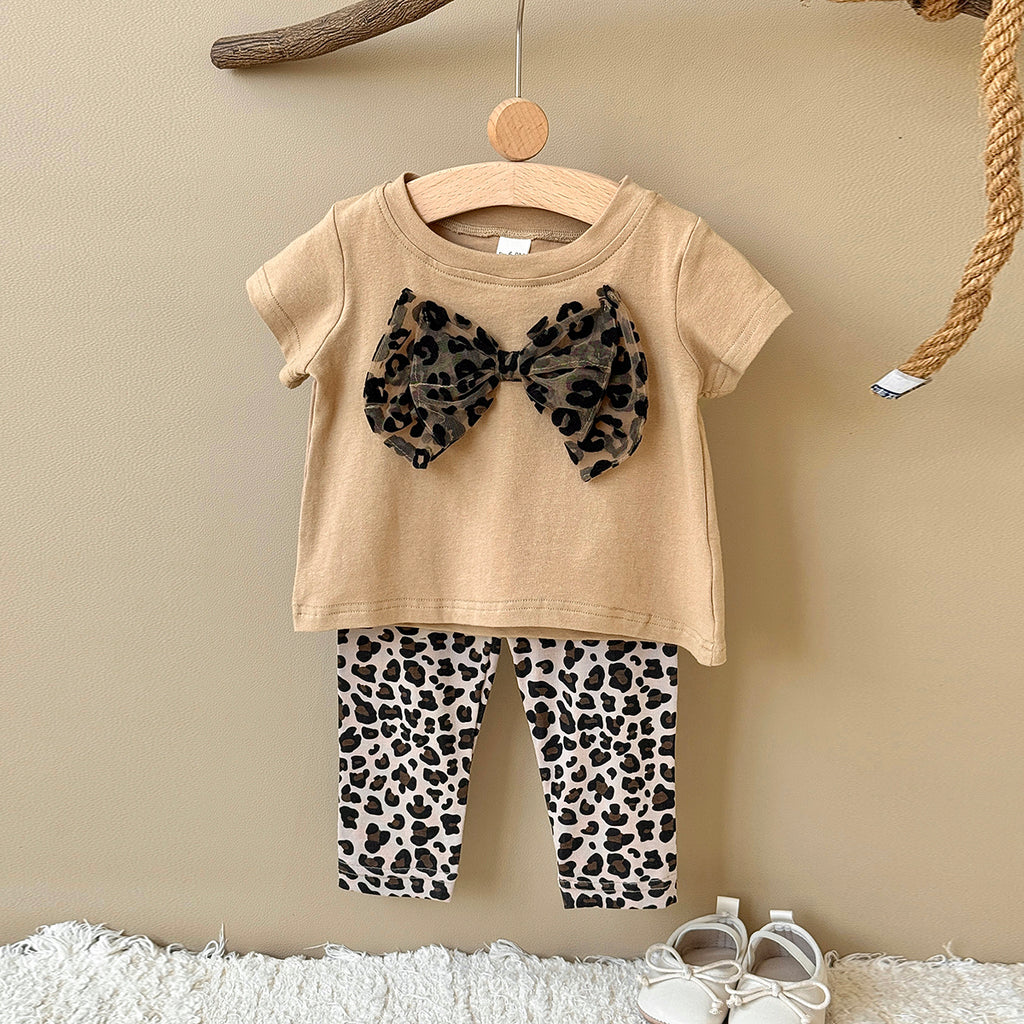 Baby Girl Leopard Bow Short Sleeve Tee & Leggings 2Pcs Outfit