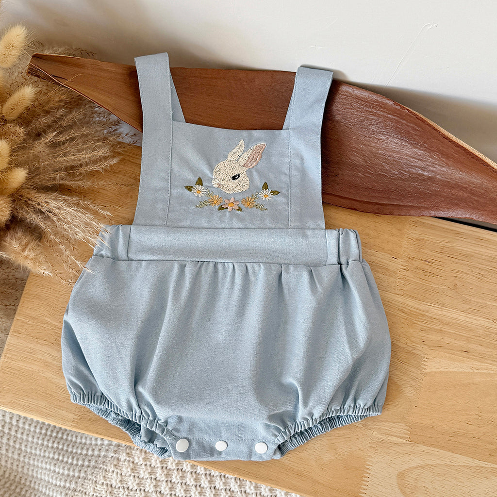 Baby Bunny Embroidery Linen Overalls Bubble Romper