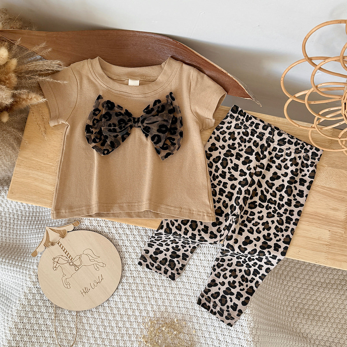 Baby Girl Leopard Bow Short Sleeve Tee & Leggings 2Pcs Outfit