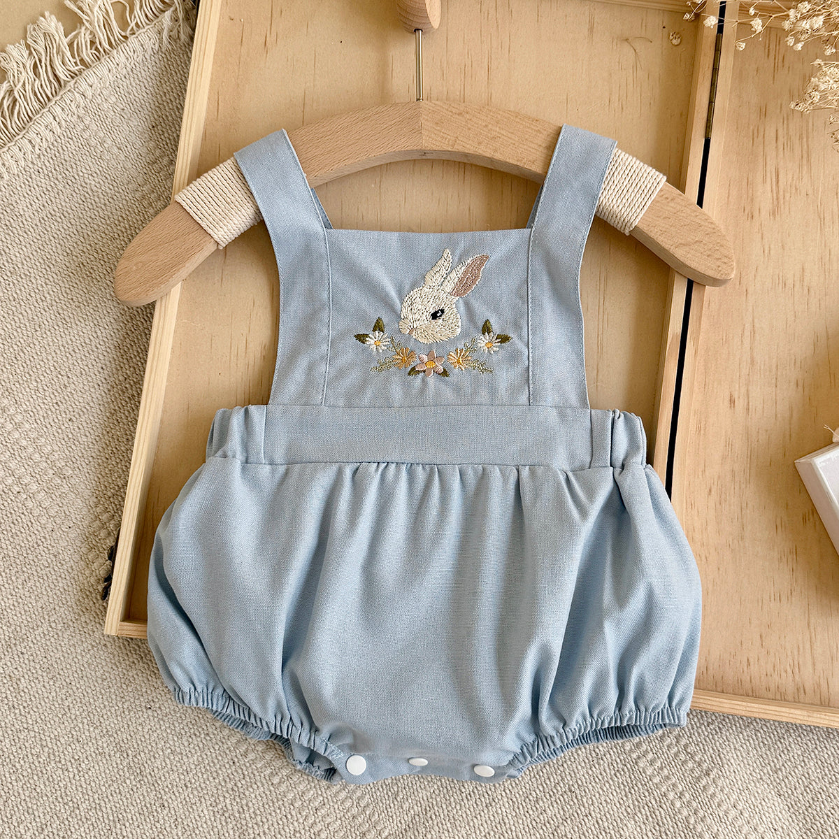 Baby Bunny Embroidery Linen Overalls Bubble Romper