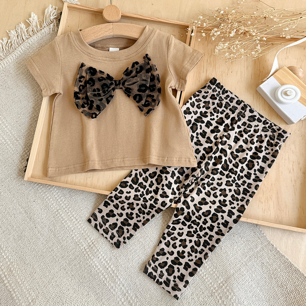Baby Girl Leopard Bow Short Sleeve Tee & Leggings 2Pcs Outfit