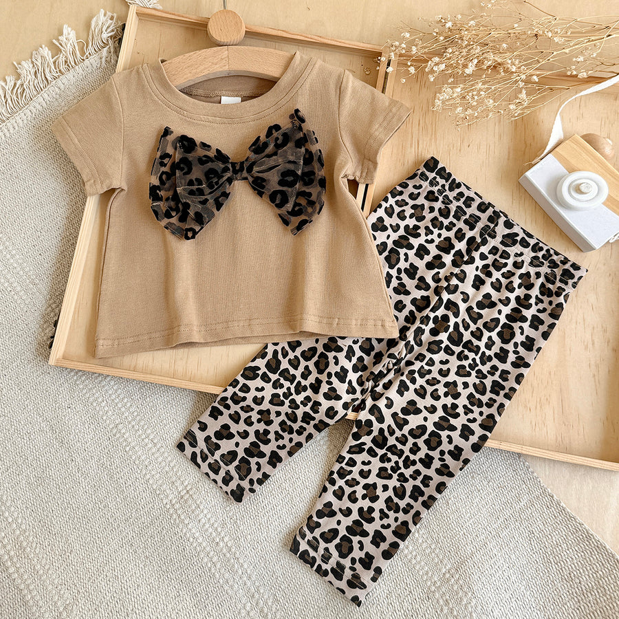 Baby Girl Leopard Bow Short Sleeve Tee & Leggings 2Pcs Outfit
