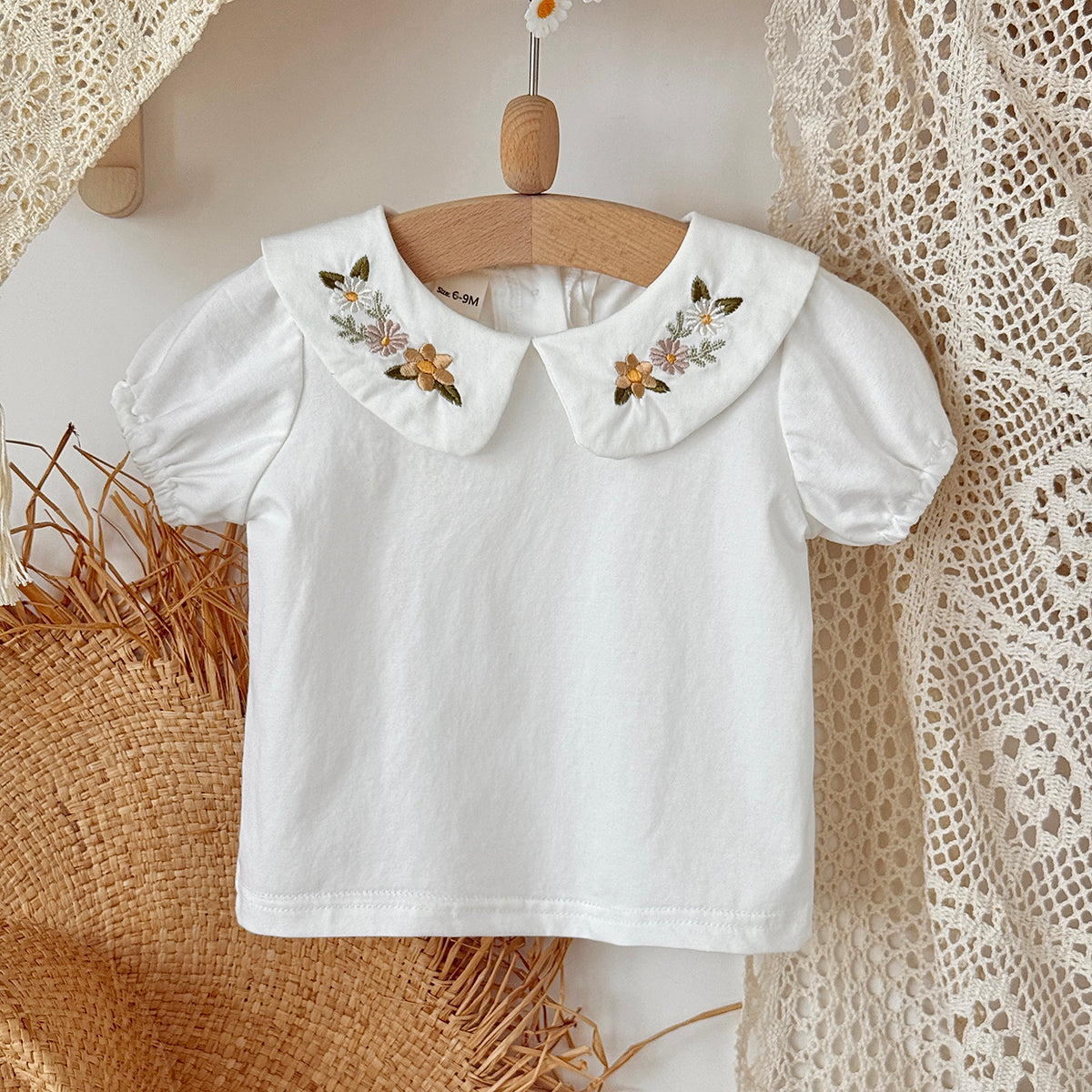 Baby Peter Pan Collar Embroidered Puff Sleeve Tee