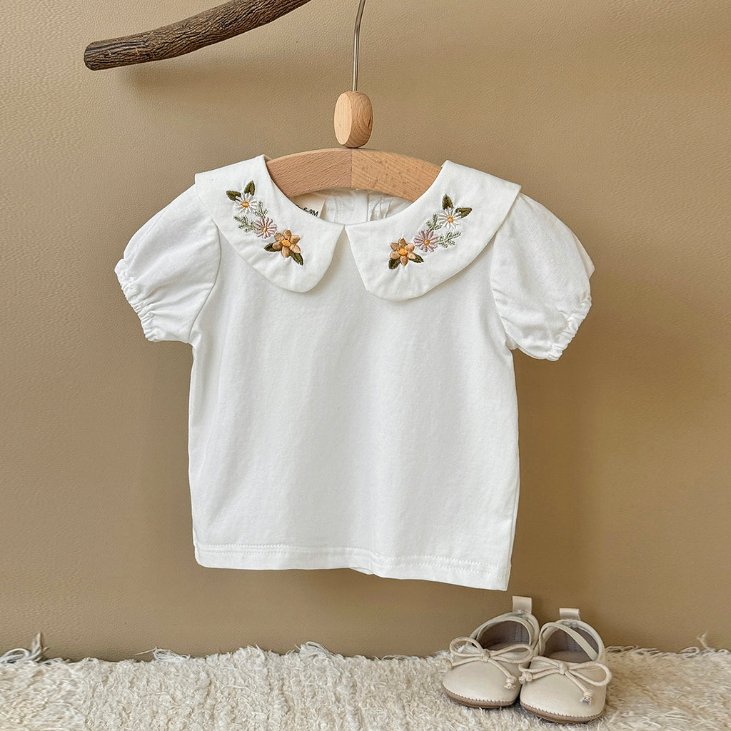 Baby Peter Pan Collar Embroidered Puff Sleeve Tee