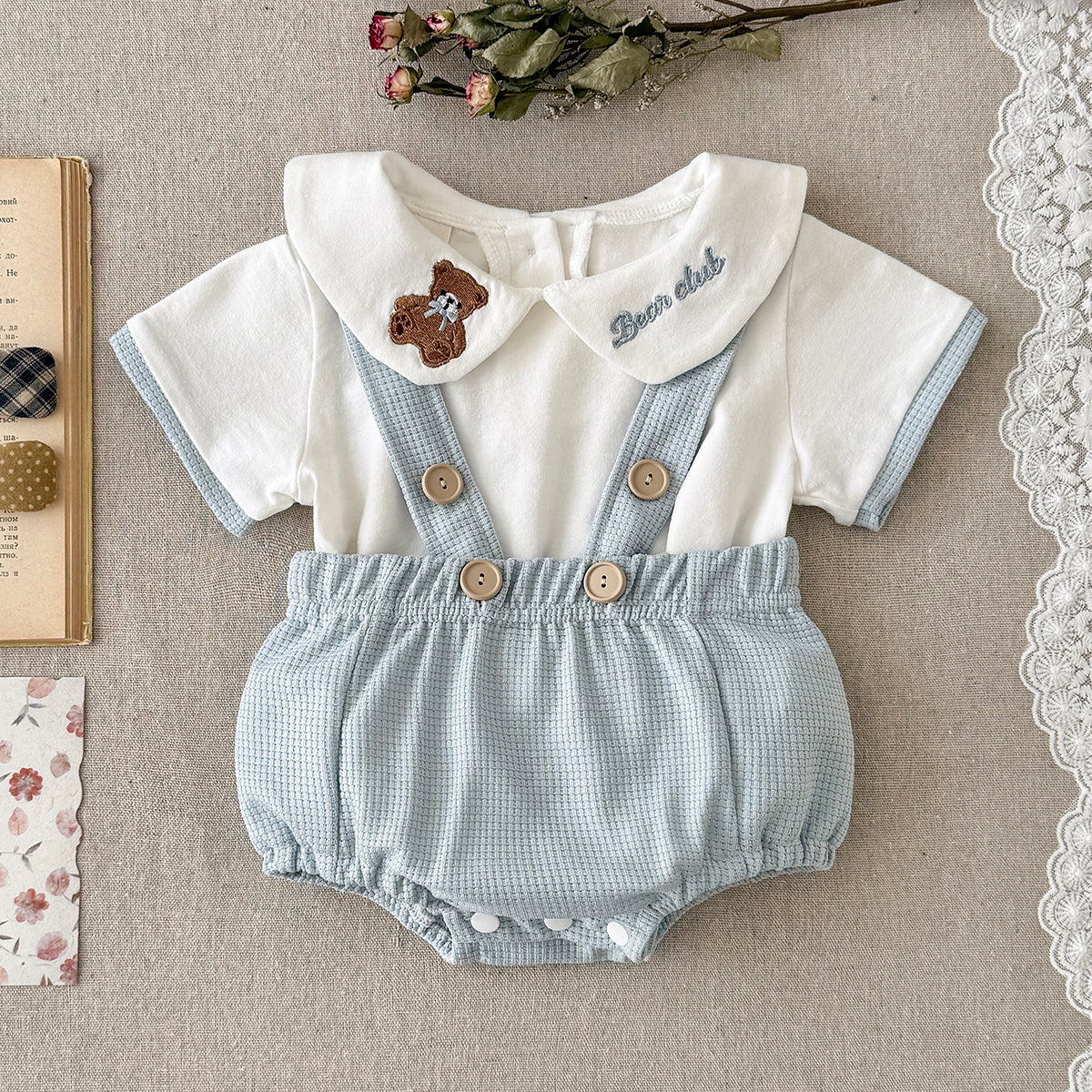 Baby Bear Embroidery Peter Pan Collar Outfit Set