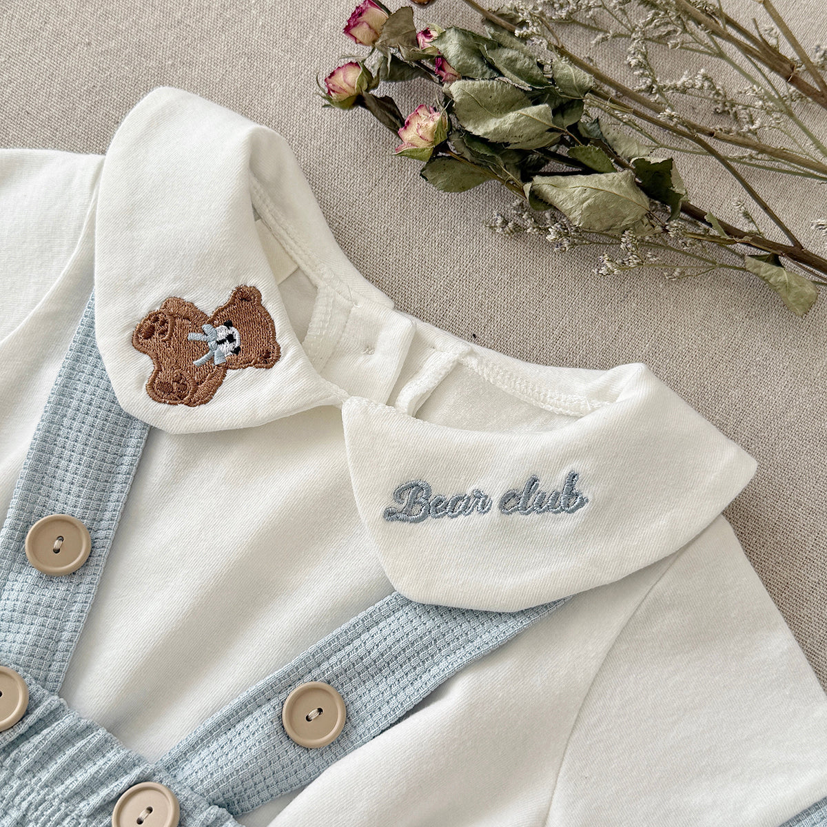 Baby Bear Embroidery Peter Pan Collar Outfit Set