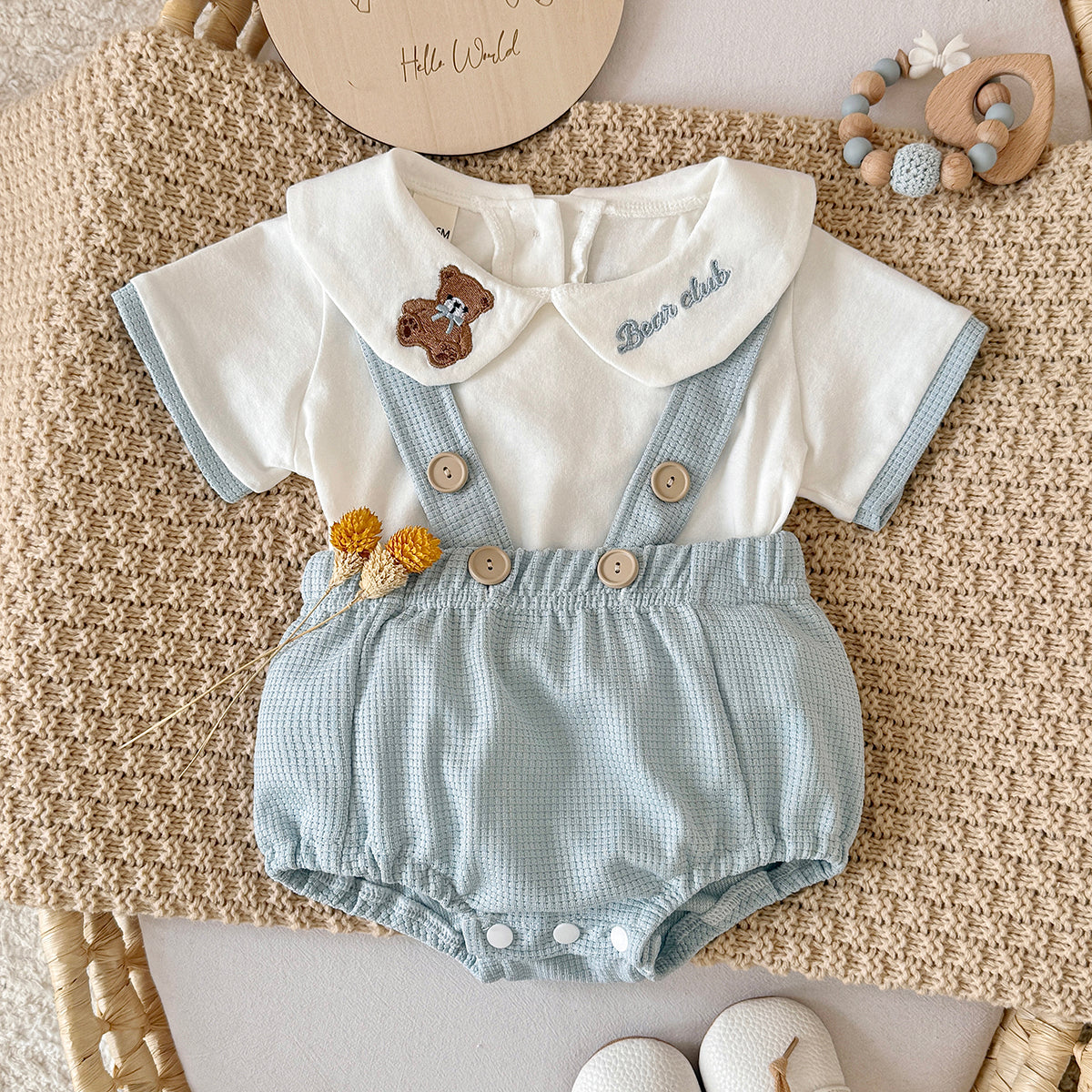 Baby Bear Embroidery Peter Pan Collar Outfit Set