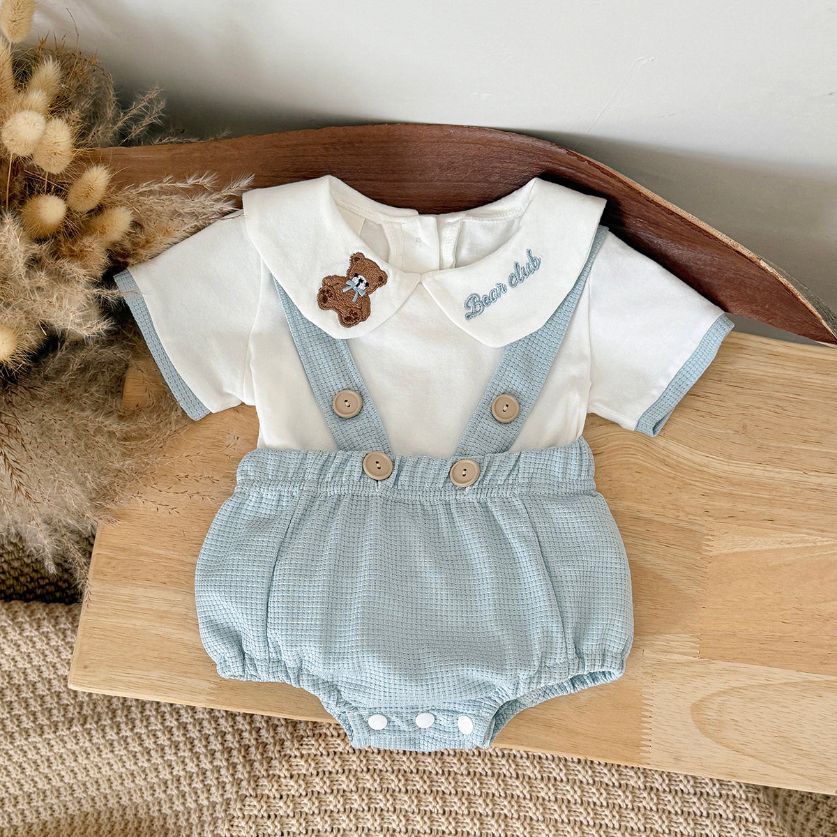 Baby Bear Embroidery Peter Pan Collar Outfit Set