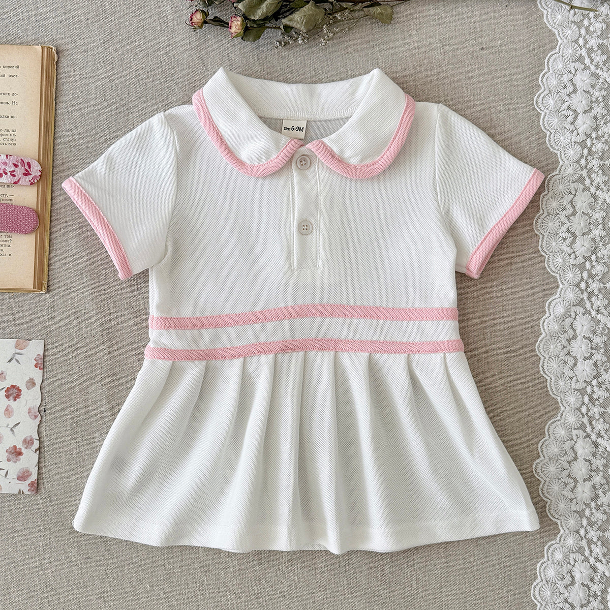 Baby Girl Polo Dress White Pink Striped Pleated Skirt