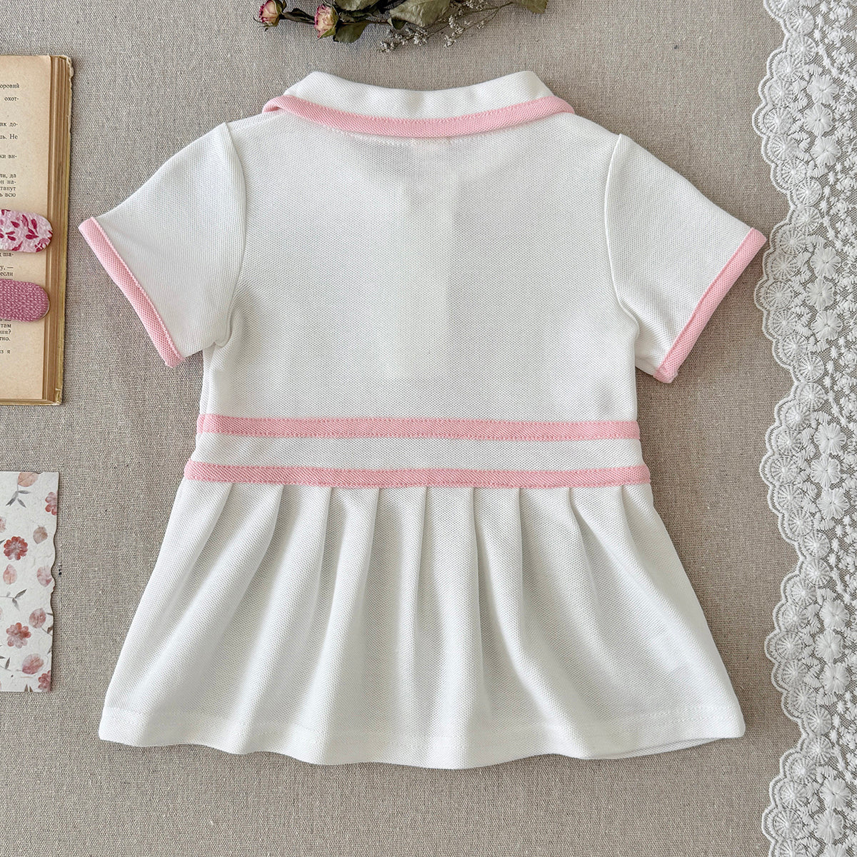 Baby Girl Polo Dress White Pink Striped Pleated Skirt