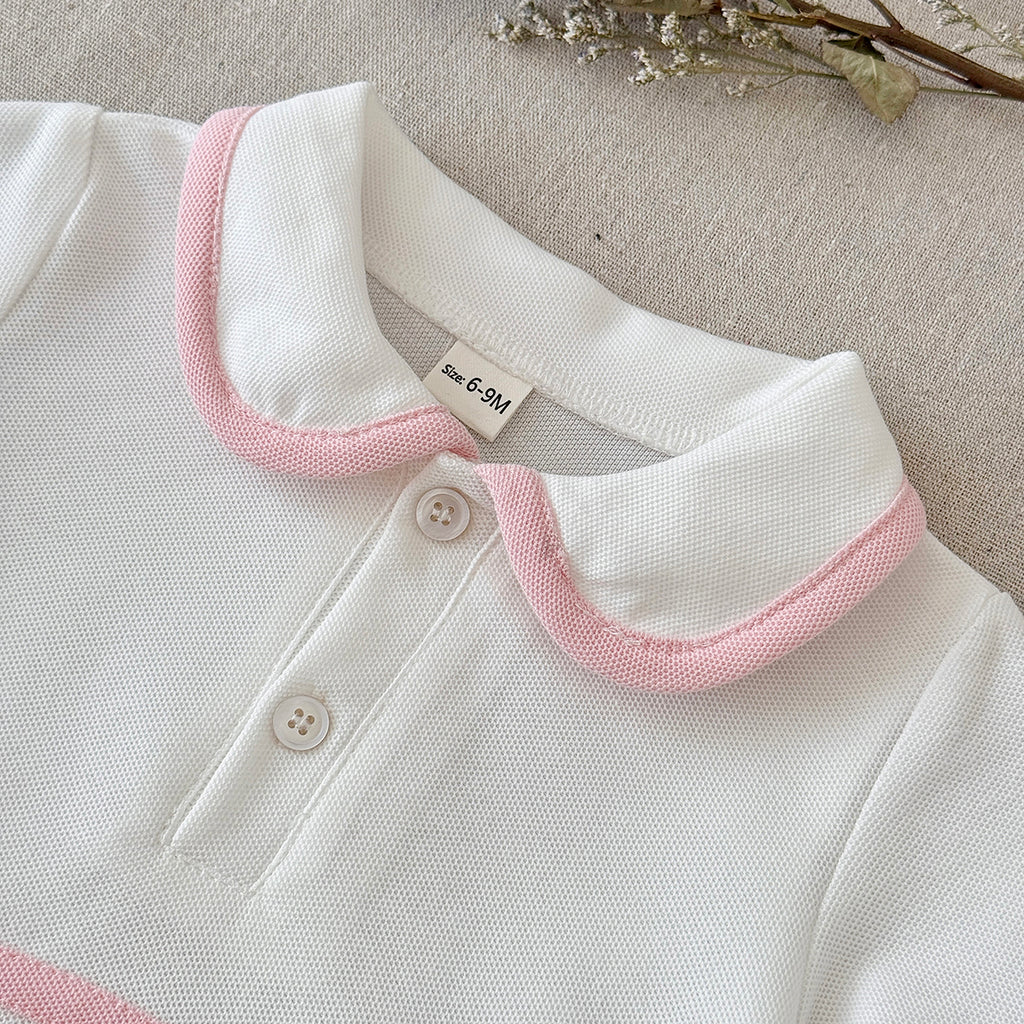 Baby Girl Polo Dress White Pink Striped Pleated Skirt