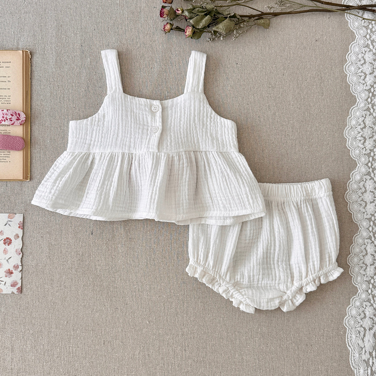 Baby Girl Gauze Tank Set with Pink Bow