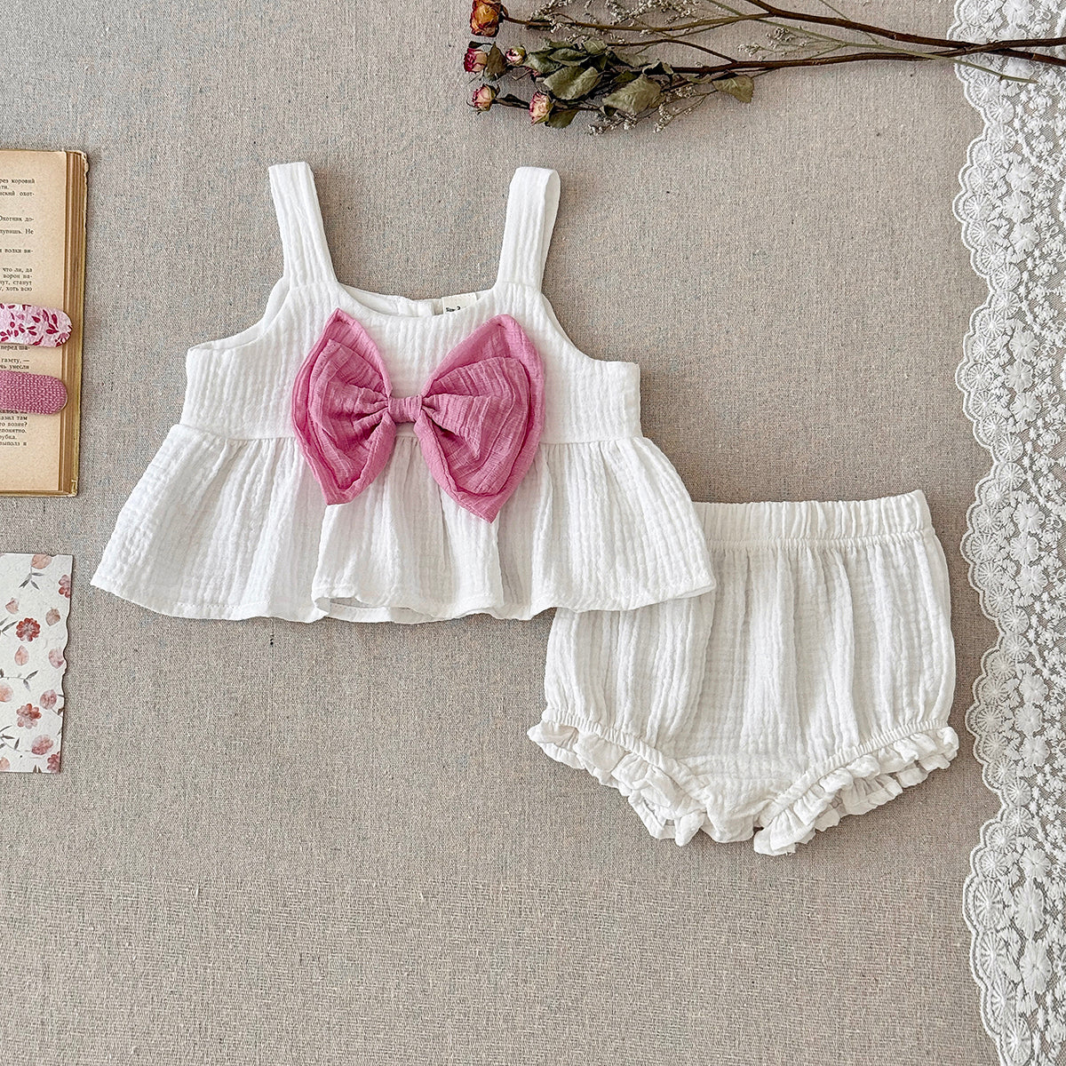 Baby Girl Gauze Tank Set with Pink Bow