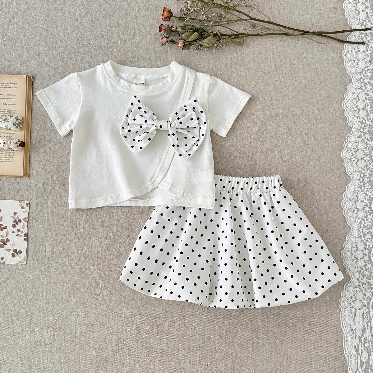 Baby Girl Bow Top & Polka Dot Skirt Set