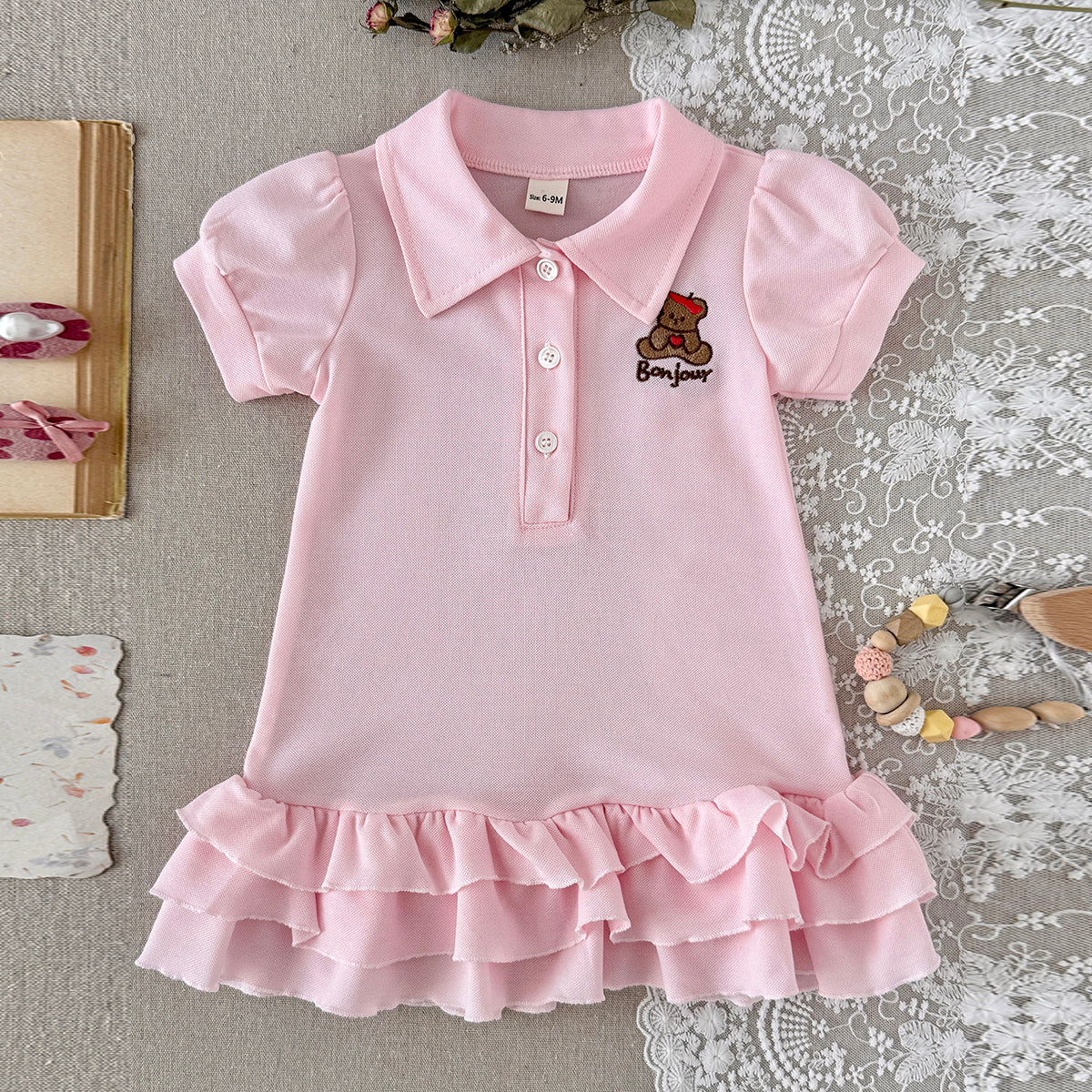 Baby Girl Pink Polo Dress Bear Embroidery Ruffle Hem