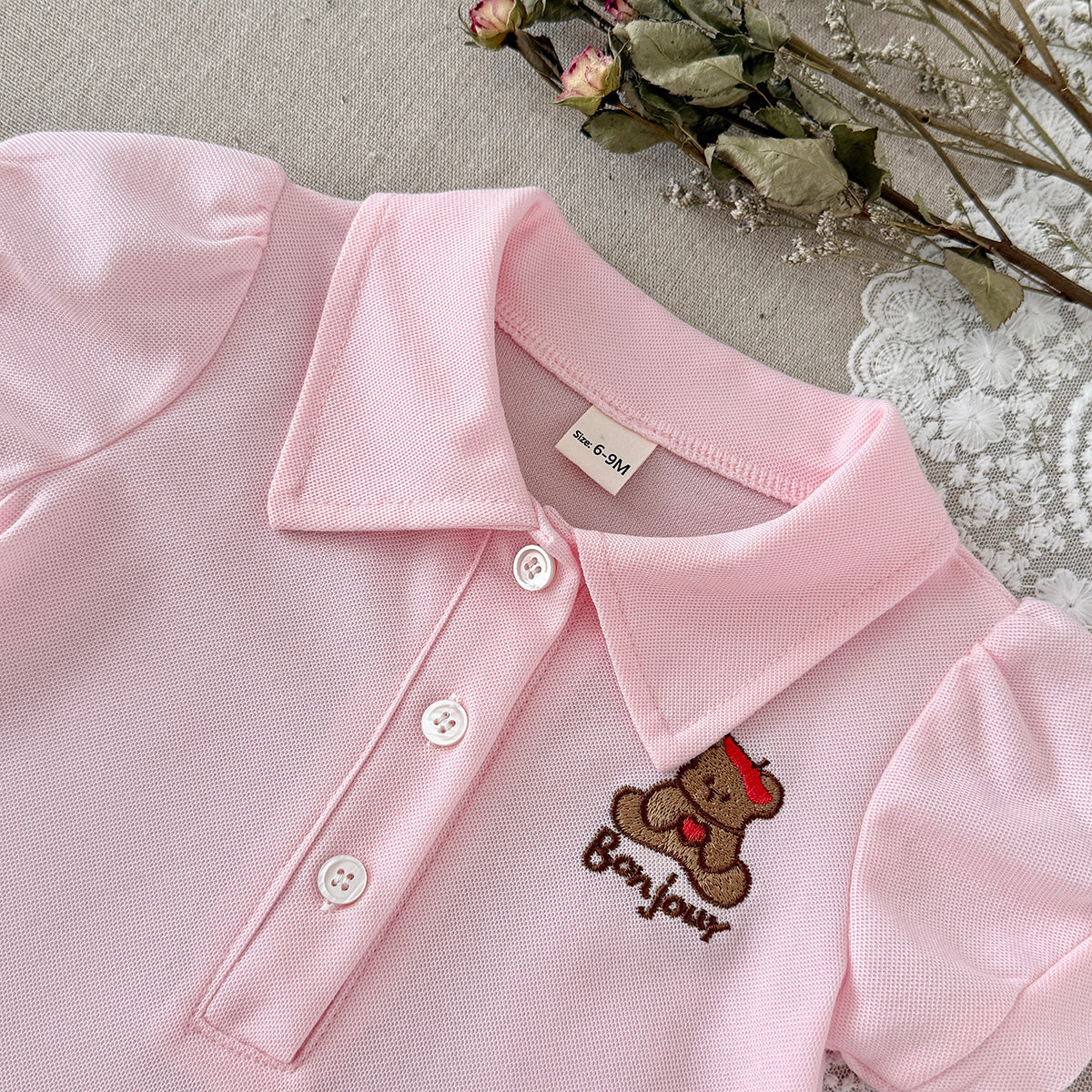 Baby Girl Pink Polo Dress Bear Embroidery Ruffle Hem