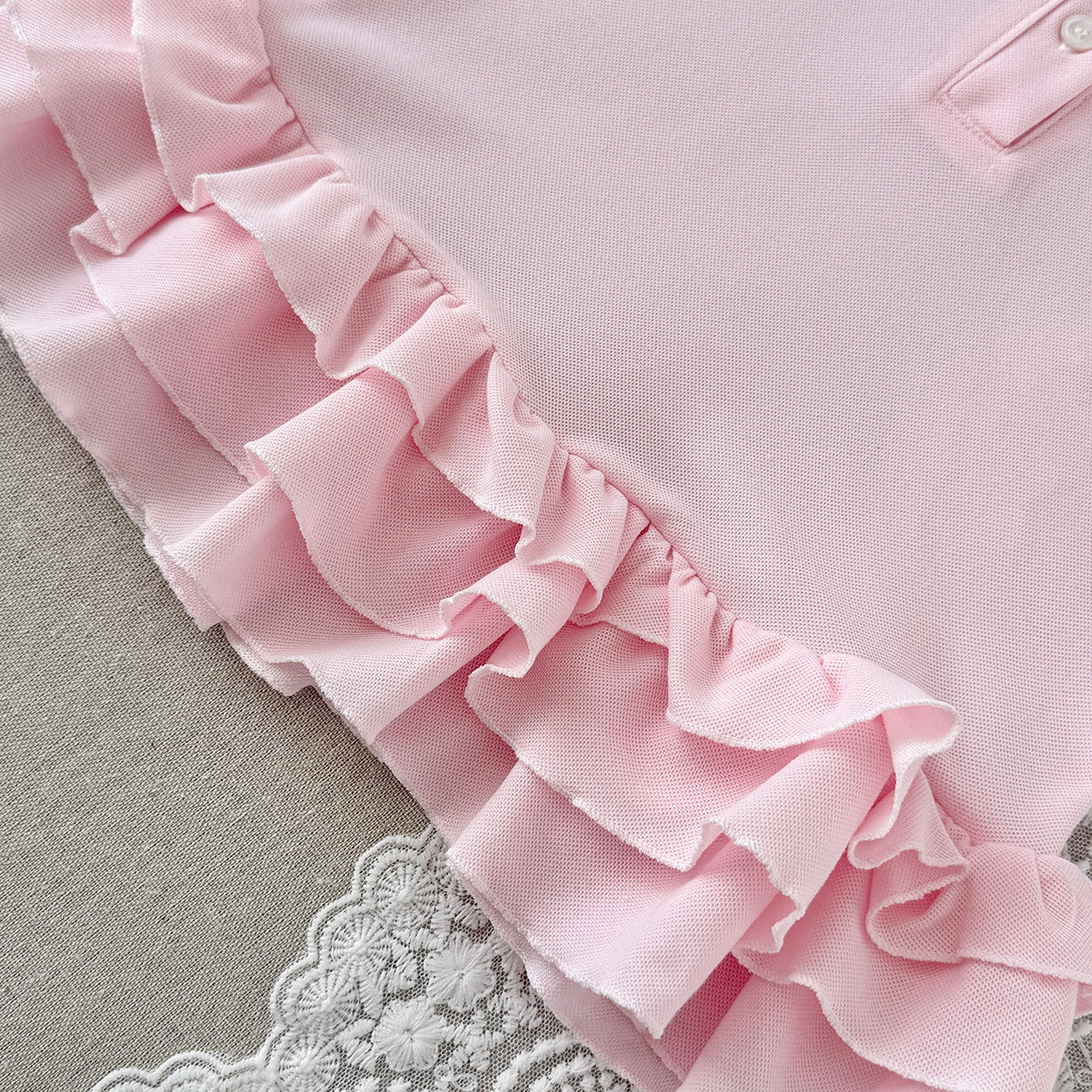 Baby Girl Pink Polo Dress Bear Embroidery Ruffle Hem