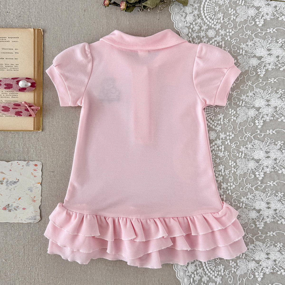 Baby Girl Pink Polo Dress Bear Embroidery Ruffle Hem