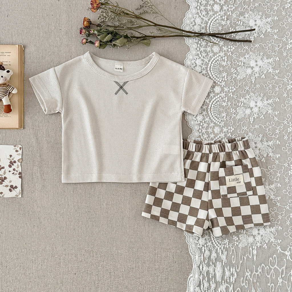 Baby Waffle Knit Tee & Checkerboard Shorts 2Pcs Summer Outfit