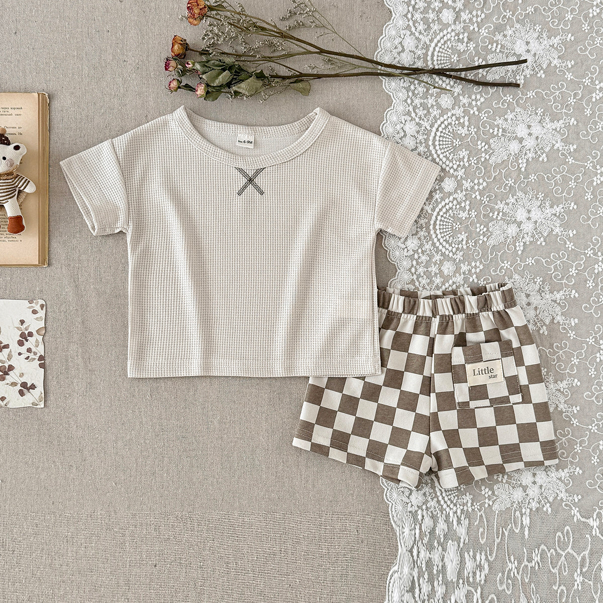 Baby Waffle Knit Tee & Checkerboard Shorts 2Pcs Summer Outfit