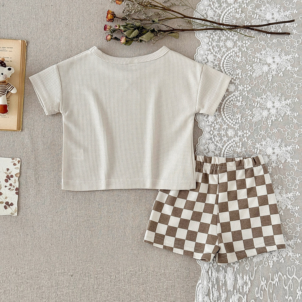 Baby Waffle Knit Tee & Checkerboard Shorts 2Pcs Summer Outfit