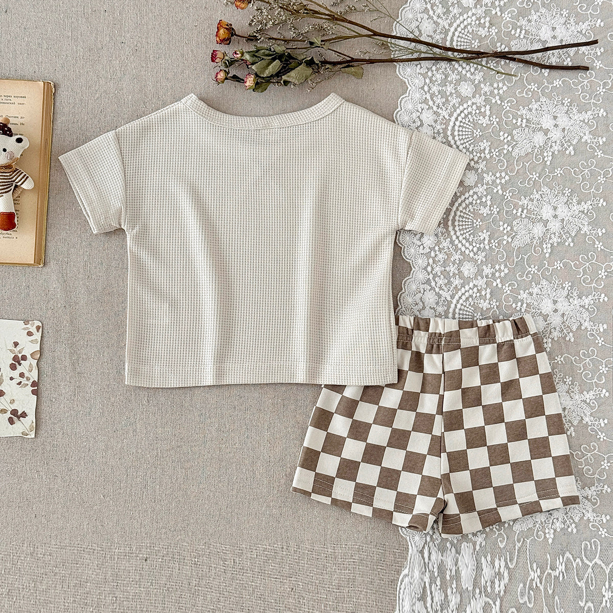 Baby Waffle Knit Tee & Checkerboard Shorts 2Pcs Summer Outfit