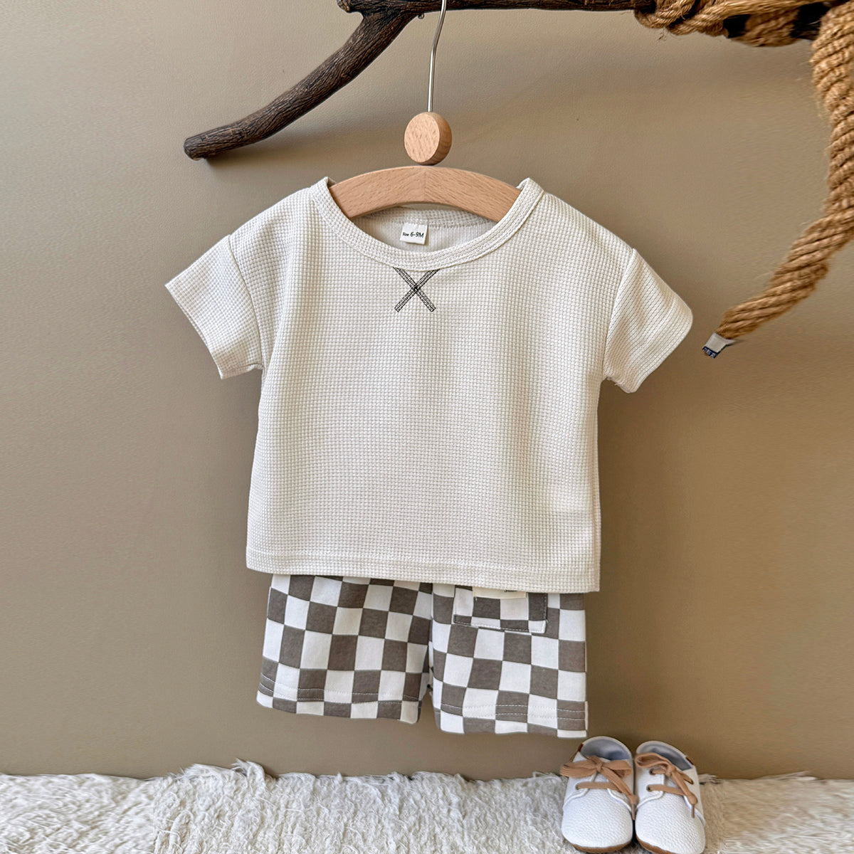 Baby Waffle Knit Tee & Checkerboard Shorts 2Pcs Summer Outfit