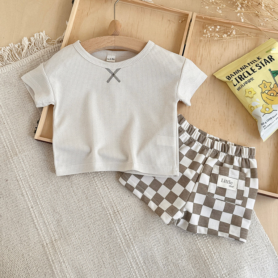 Baby Waffle Knit Tee & Checkerboard Shorts 2Pcs Summer Outfit