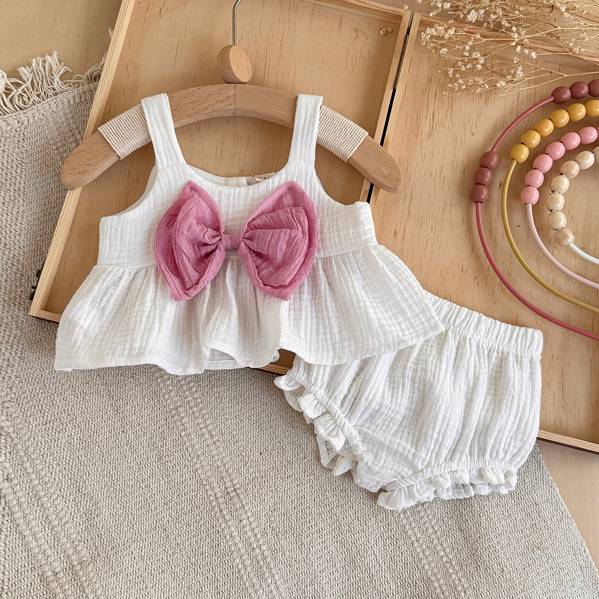 Baby Girl Gauze Tank Set with Pink Bow