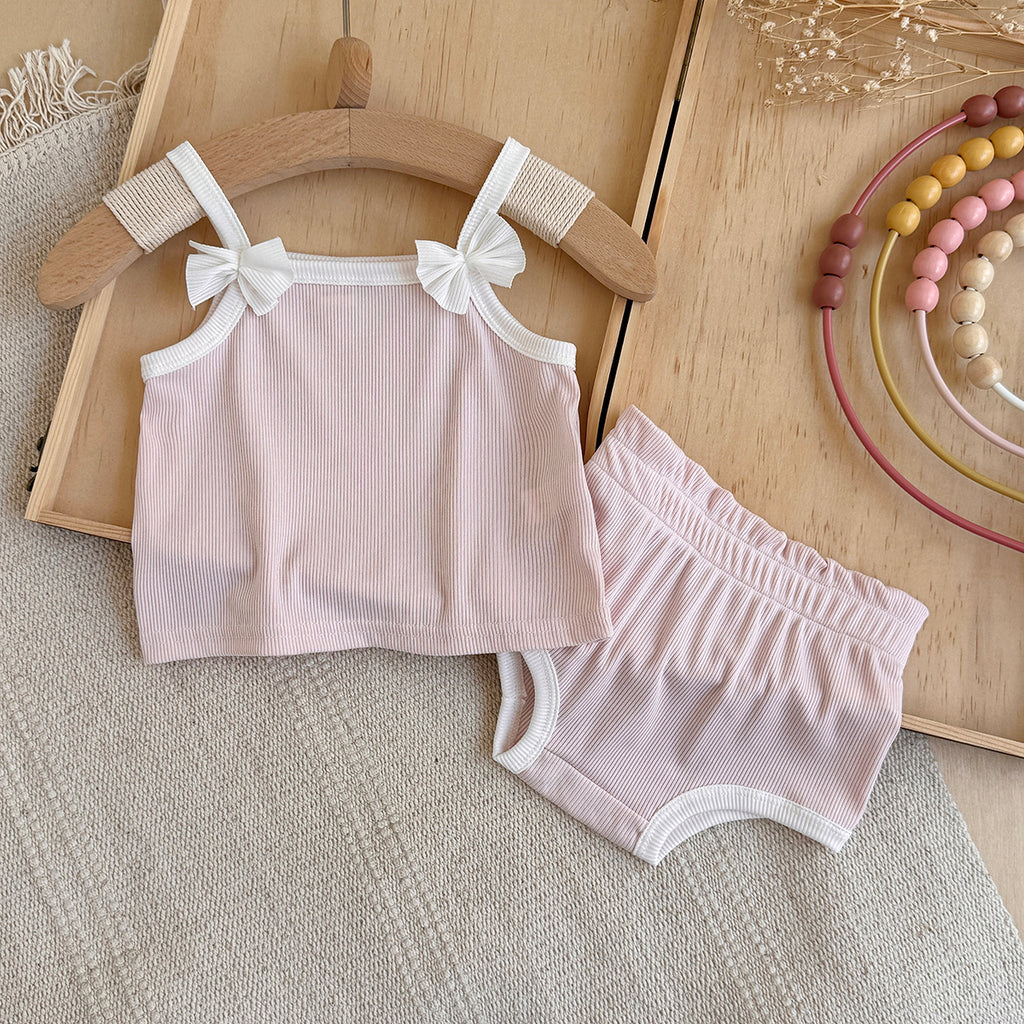 Baby Girl Ribbed Cami Top & Shorts Bow Outfi