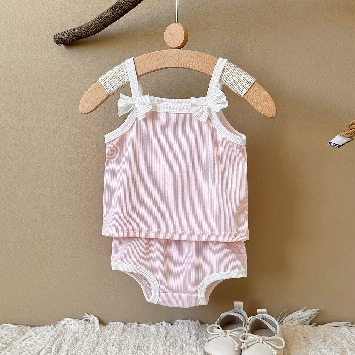 Baby Girl Ribbed Cami Top & Shorts Bow Outfi