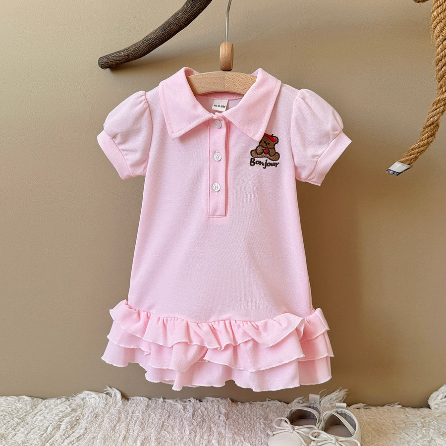 Baby Girl Pink Polo Dress Bear Embroidery Ruffle Hem