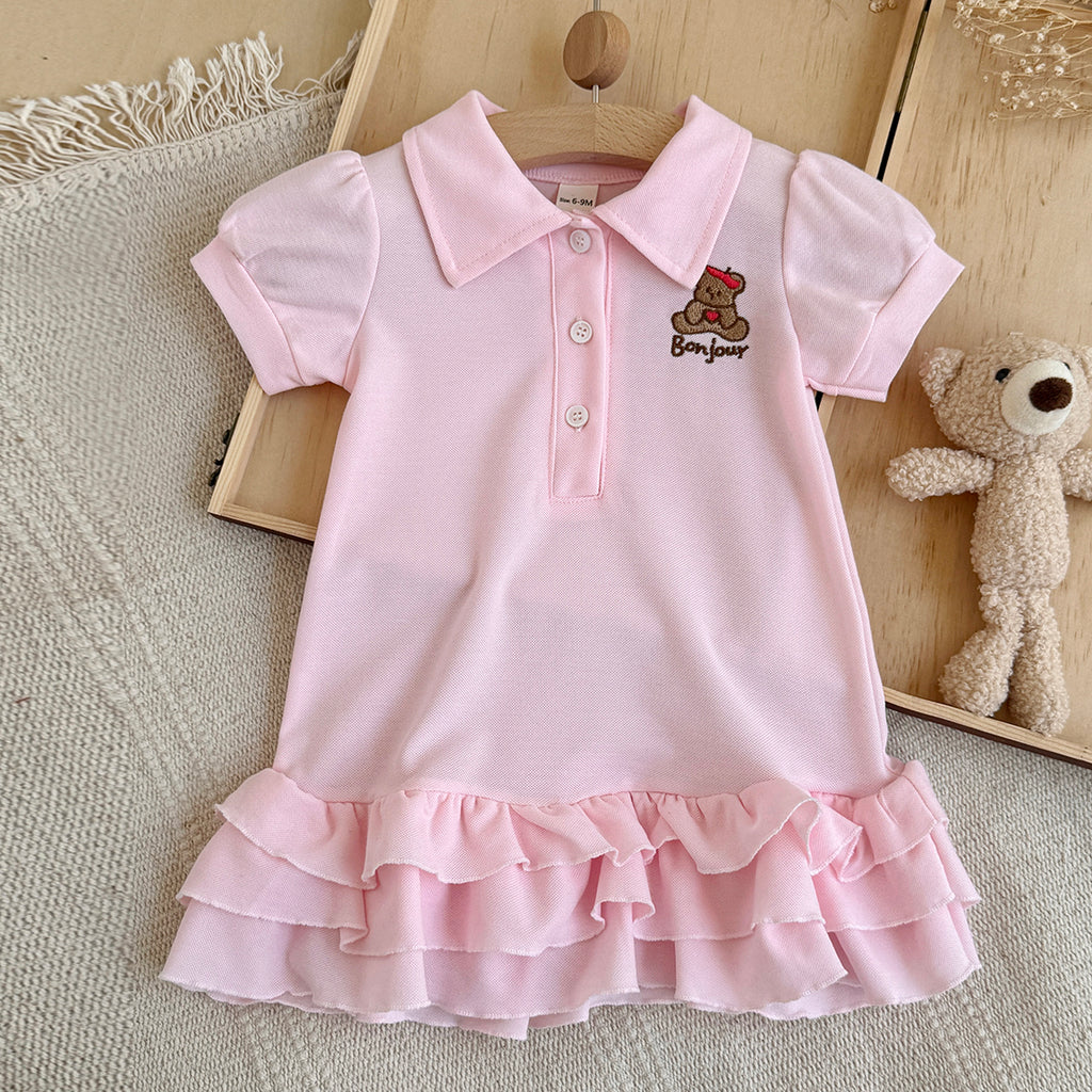 Baby Girl Pink Polo Dress Bear Embroidery Ruffle Hem
