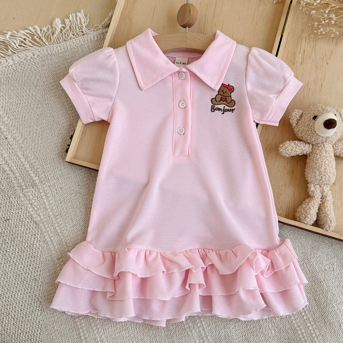 Baby Girl Pink Polo Dress Bear Embroidery Ruffle Hem