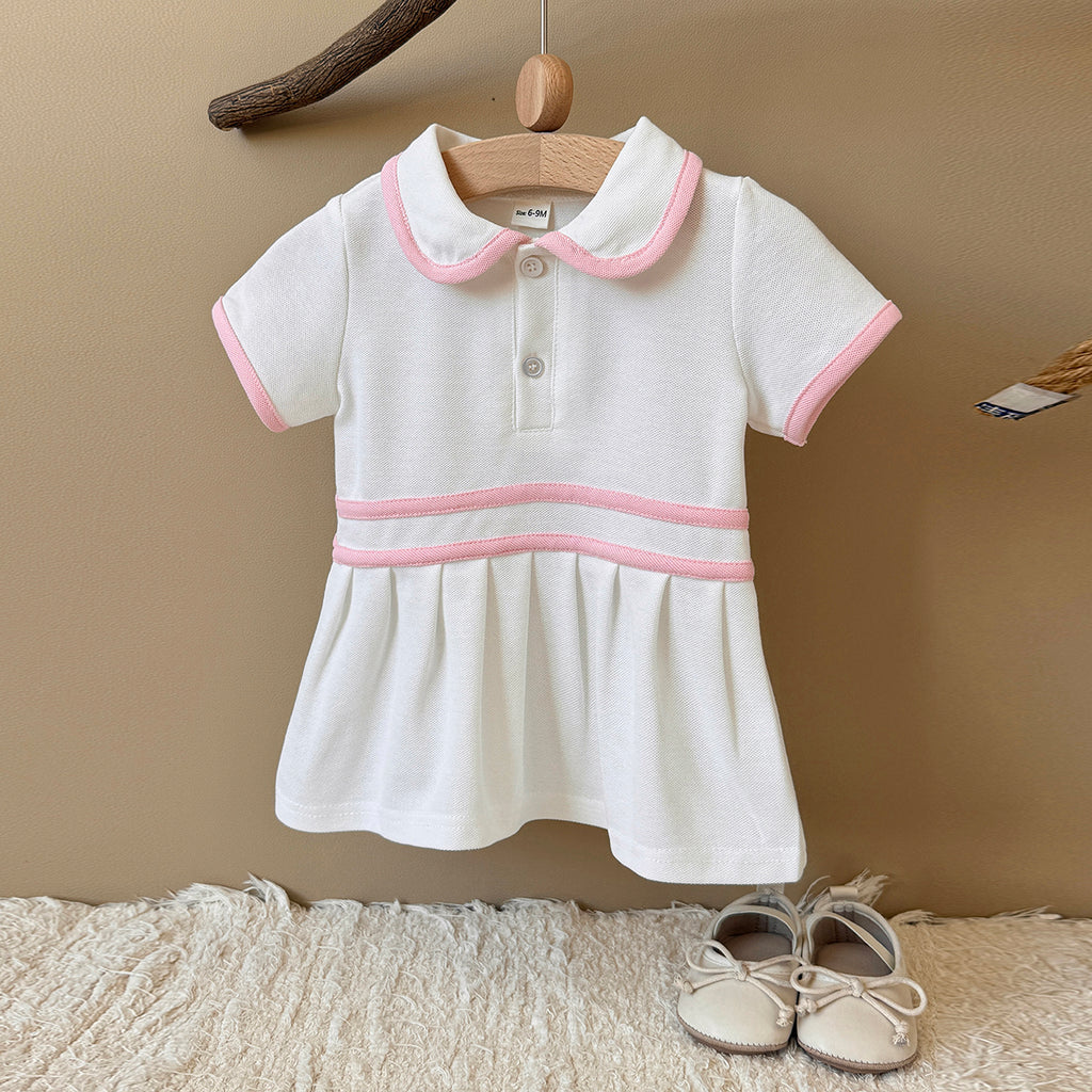 Baby Girl Polo Dress White Pink Striped Pleated Skirt