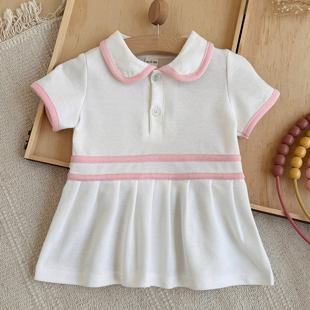 Baby Girl Polo Dress White Pink Striped Pleated Skirt