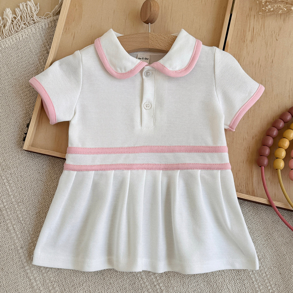 Baby Girl Polo Dress White Pink Striped Pleated Skirt