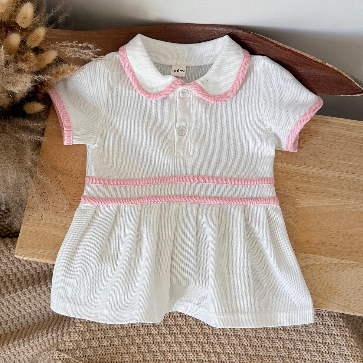 Baby Girl Polo Dress White Pink Striped Pleated Skirt
