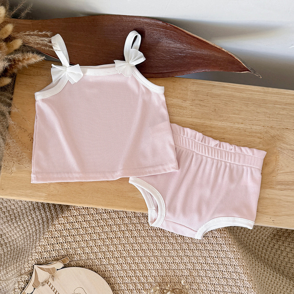 Baby Girl Ribbed Cami Top & Shorts Bow Outfi