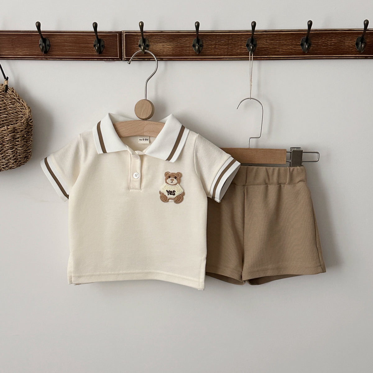 Baby Bear Polo 2pc Set, Cream Top & Khaki Shorts