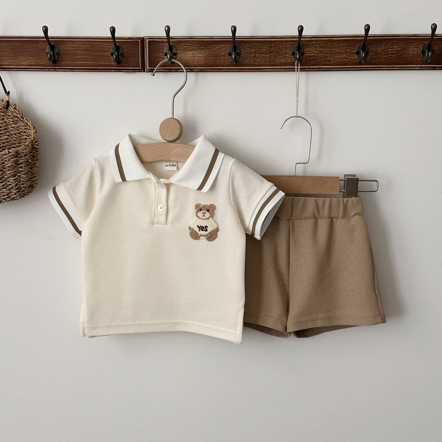 Baby Bear Polo 2pc Set, Cream Top & Khaki Shorts