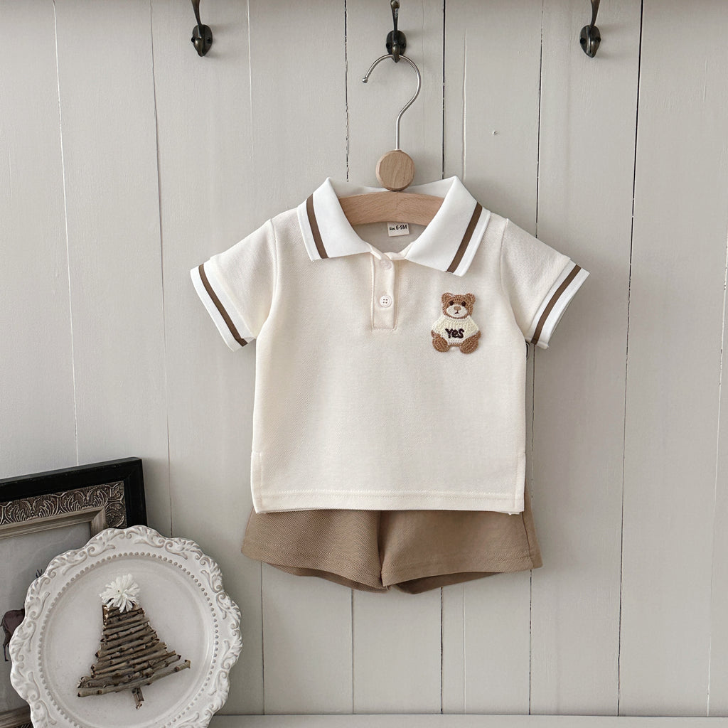 Baby Bear Polo 2pc Set, Cream Top & Khaki Shorts