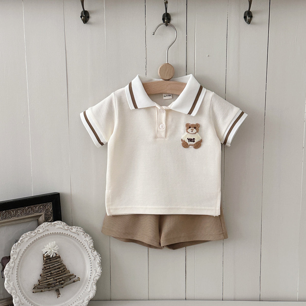 Baby Bear Polo 2pc Set, Cream Top & Khaki Shorts