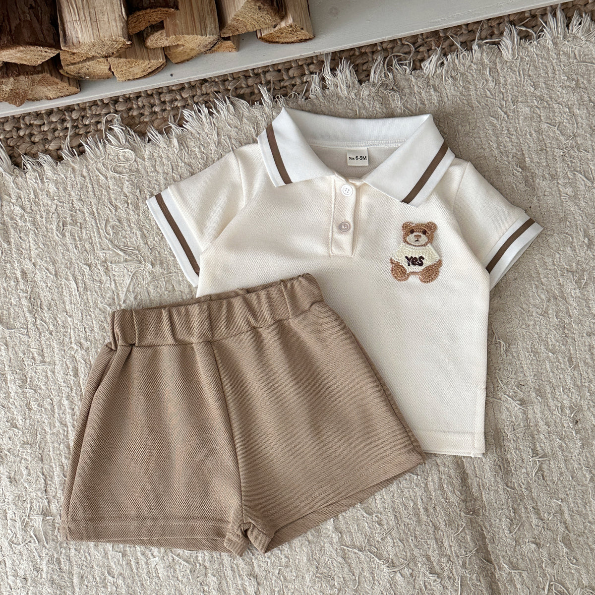Baby Bear Polo 2pc Set, Cream Top & Khaki Shorts