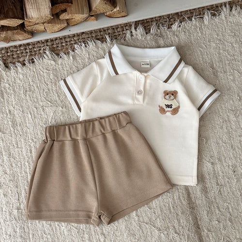 Baby Bear Polo 2pc Set, Cream Top & Khaki Shorts
