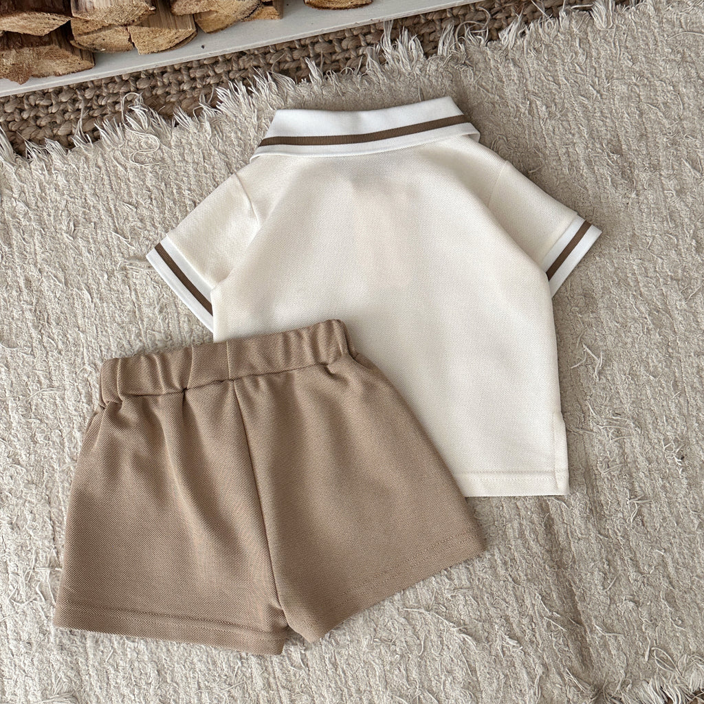 Baby Bear Polo 2pc Set, Cream Top & Khaki Shorts