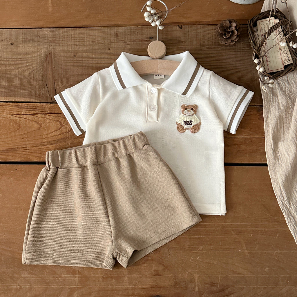 Baby Bear Polo 2pc Set, Cream Top & Khaki Shorts